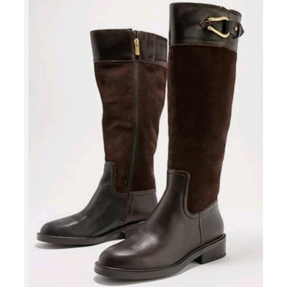 Vince Camuto Womens Andalian Riding Boots 7.5 Brown Leather Suede WIDE CALF NIB - Picture 1 of 9